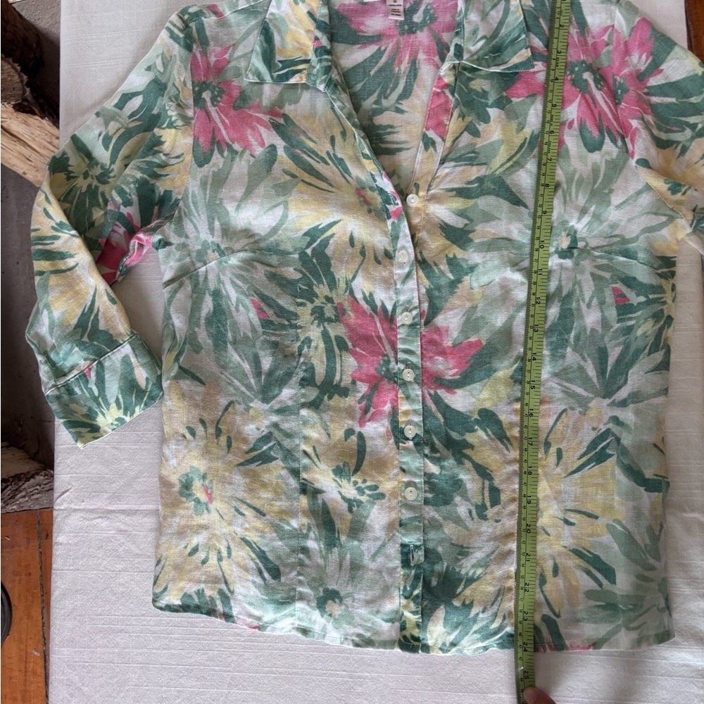 JM Collection Women’s 100% Linen 3/4 Sleeve Button Front Floral Pink /Green Top - Picture 8 of 9